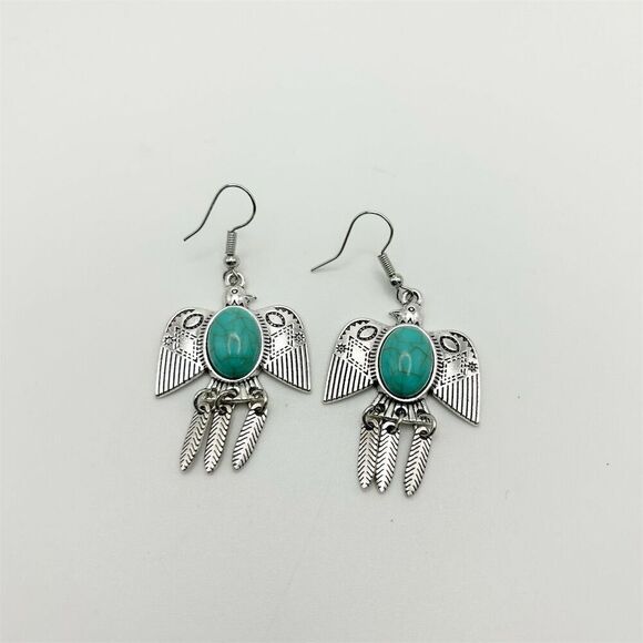 Southwestern Thunderbird Faux Turquoise Long Dangle Earrings Silver Tone - Picture 2 of 5